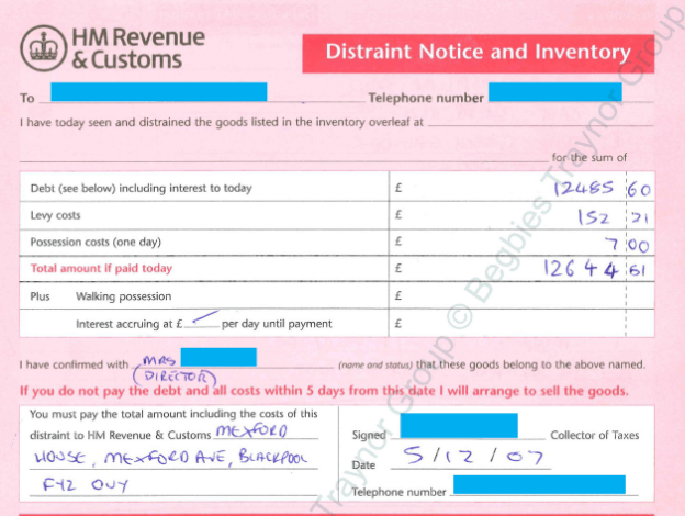 Distraint Notice And Inventory HMRC